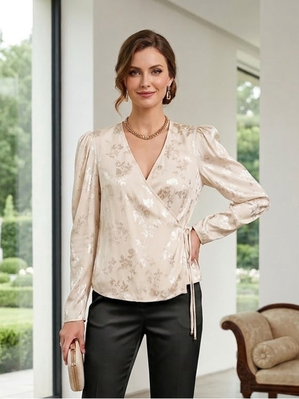 VERONICA BEARD LONG SLEEVE FLORAL TOP IVORY CREAM ADJUSTABLE WRAP BLOUSE 6 NWT